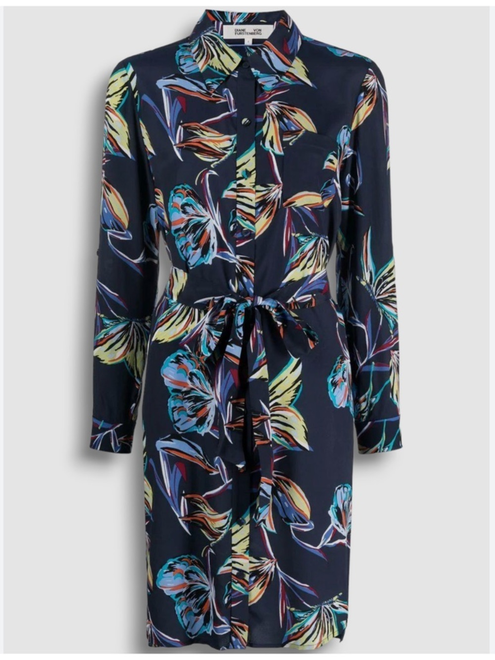 DIANE VON FURSTENBERG Floral Tie-Waist Shirt Dress in Navy